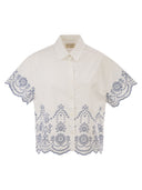 Mc2 Saint Barth Cropped Cotton Shirt With Floral Embroidery