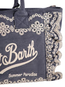 Mc2 Saint Barth Cotton Canvas Tote Bag With Floral Embroidery And Ruffles