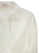 Mc2 Saint Barth Linen And Cotton Broderie Anglaise Cropped Shirt With Front Tie