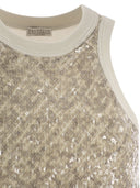 Brunello Cucinelli Stretch Cotton Jersey Top With Dazzling Net Embroidery