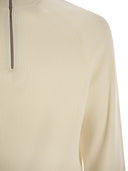 Brunello Cucinelli Cotton Rib Sweater With Zip Opening And Raglan Sleeve