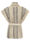 Brunello Cucinelli Dazzling Stripe Cardigan In Jute, Linen, Cotton And Silk Net Stitch With Belt