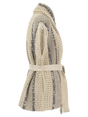 Brunello Cucinelli Dazzling Stripe Cardigan In Jute, Linen, Cotton And Silk Net Stitch With Belt