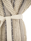 Brunello Cucinelli Dazzling Stripe Cardigan In Jute, Linen, Cotton And Silk Net Stitch With Belt