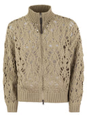 Brunello Cucinelli Soft Feather Cotton Lace Stitch Cardigan With Precious Zipper Pull