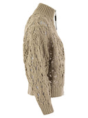 Brunello Cucinelli Soft Feather Cotton Lace Stitch Cardigan With Precious Zipper Pull