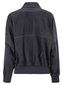 Brunello Cucinelli牛仔布效应Twill Bomber夹克，带有闪亮的拉链