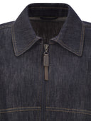 Brunello Cucinelli牛仔布效应Twill Bomber夹克，带有闪亮的拉链