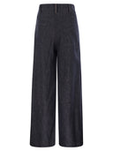 Brunello Cucinelli Wide Smart Trousers In Denim Effect Twill With Jewellery