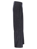 Brunello Cucinelli Wide Smart Trousers In Denim Effect Twill With Jewellery