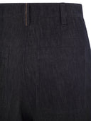 Brunello Cucinelli Wide Smart Trousers In Denim Effect Twill With Jewellery