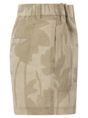 Brunello Cucinelli Gathered Waist Shorts In Lexivé Linen Ramage Print Canvas