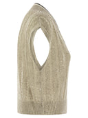 Brunello Cucinelli Dazzling Ribbed Net Knitted T Shirt In Linen