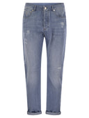 Brunello Cucinelli Five Pocket Leisure Fit Trousers In Lightweight Old Denim With Rips