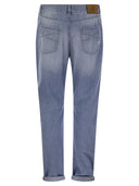 Brunello Cucinelli Five Pocket Leisure Fit Trousers In Lightweight Old Denim With Rips