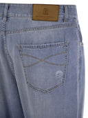Brunello Cucinelli Five Pocket Leisure Fit Trousers In Lightweight Old Denim With Rips