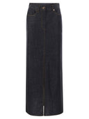 Brunello Cucinelli Long Five Pocket Skirt In Wet Effect Light Denim With Shiny Tab