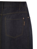 Brunello Cucinelli Long Five Pocket Skirt In Wet Effect Light Denim With Shiny Tab