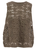 Brunello Cucinelli Foliage Lace Knitted Top In Linen And Silk Diamante