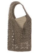 Brunello Cucinelli Foliage Lace Knitted Top In Linen And Silk Diamante