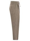 Brunello Cucinelli Leisure Fit Trousers In Washed Linen Chevron With Drawstring And Double Darts