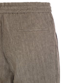 Brunello Cucinelli Leisure Fit Trousers In Washed Linen Chevron With Drawstring And Double Darts