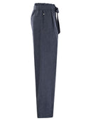 Brunello Cucinelli Explorer Track Trousers In Denim Effect Linen Canvas With Necklace