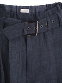 Brunello Cucinelli Explorer Track Trousers In Denim Effect Linen Canvas With Necklace