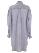 Brunello Cucinelli Linen And Silk Striped Organza Long Shirt With Shiny Collar Detail