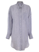 Brunello Cucinelli Linen And Silk Striped Organza Long Shirt With Shiny Collar Detail