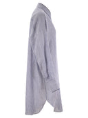 Brunello Cucinelli Linen And Silk Striped Organza Long Shirt With Shiny Collar Detail
