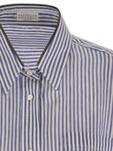Brunello Cucinelli Linen And Silk Striped Organza Long Shirt With Shiny Collar Detail