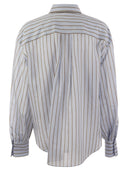 Brunello Cucinelli Sparkling Stripe Cotton Silk Poplin Shirt With Necklace