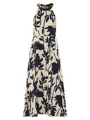 Brunello Cucinelli Halterneck Cotton Poplin Ramage Print Halterneck Dress With Necklace
