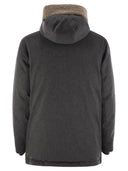 Brunello Cucinelli Membranated Wool Flannel Parka Down Jacket With Hood And Shearling Insert