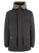 Brunello Cucinelli Membranated Wool Flannel Parka Down Jacket With Hood And Shearling Insert