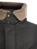 Brunello Cucinelli Membranated Wool Flannel Parka Down Jacket With Hood And Shearling Insert
