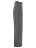 Brunello Cucinelli Loose Flared Trousers In Virgin Wool Mouliné Pinstripe With Beadwork