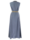 Brunello Cucinelli Wrinkled Light Cotton Poplin Dress With Raffia Belt And Precious Neckline