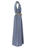Brunello Cucinelli Wrinkled Light Cotton Poplin Dress With Raffia Belt And Precious Neckline