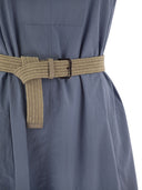 Brunello Cucinelli Wrinkled Light Cotton Poplin Dress With Raffia Belt And Precious Neckline