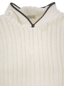 Brunello Cucinelli Perforated Rib Cotton Knit Topwear With Hood And Necklace