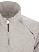 Brunello Cucinelli High Necked Topwear In Techno Cotton Fleece With Zip And Piping