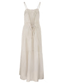 Maurizio Mykonos Long Linen Dress With Embroidered Bodice And Slim Straps