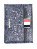 Thom Browne Single Card Holder W/ Side 4 Bar Stripes In Pebble Grain Leather
