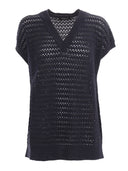 Fabiana Filippi Sequin Striped Crochet V Neck Cape Sleeve Sweater