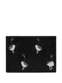 Thom Browne Single Card Holder W/ Goose Half Drop Embroidery In Pebble Grain Leather