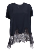 Fabiana Filippi Top Manica Corta In Crepe De Chine Con Pizzo Al Fondo Color Blu Notte