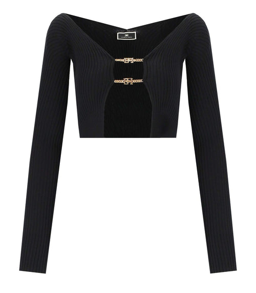 Elisabetta Franchi Black Cropped Cardigan With Logo Detail