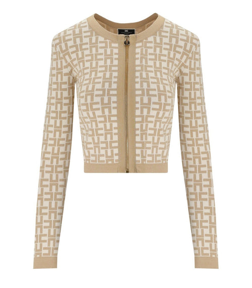 Elisabetta Franchi Monogram Butter Beige Cropped Cardigan